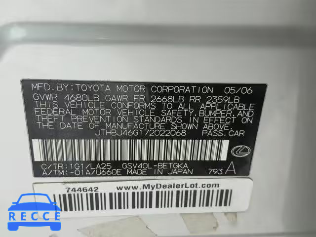 2007 LEXUS ES350 JTHBJ46G172022068 image 9