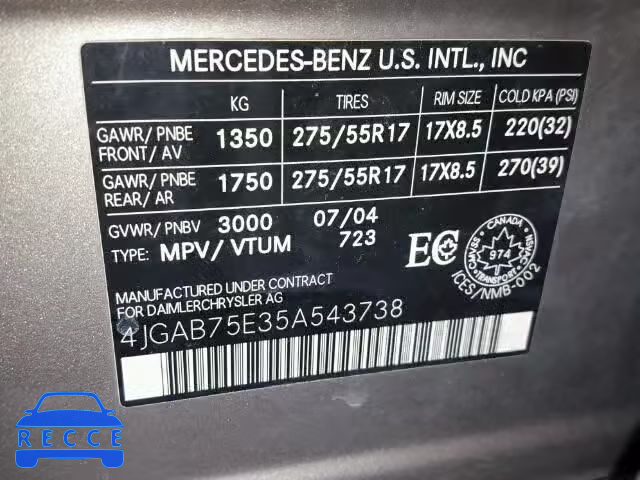 2005 MERCEDES-BENZ ML 500 4JGAB75E35A543738 зображення 9