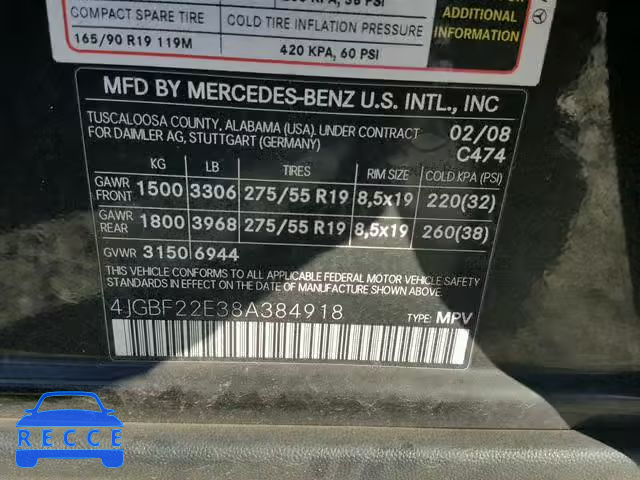 2008 MERCEDES-BENZ GL 320 CDI 4JGBF22E38A384918 зображення 9