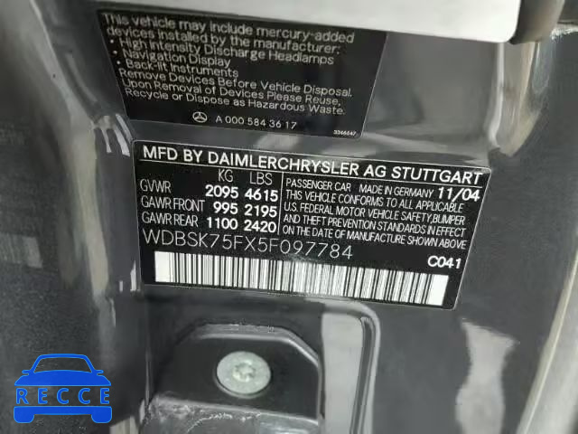 2005 MERCEDES-BENZ SL 500 WDBSK75FX5F097784 image 9