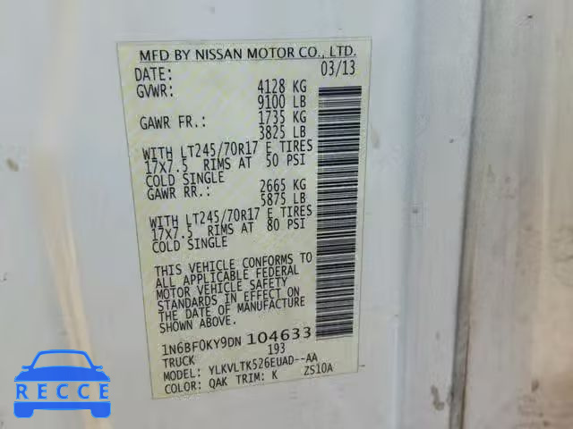 2013 NISSAN NV 1500 1N6BF0KY9DN104633 image 9