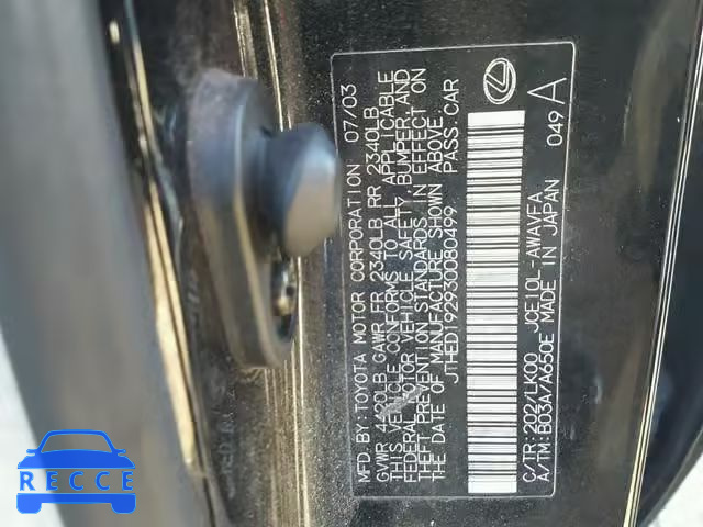 2003 LEXUS IS 300 SPO JTHED192930080499 image 9