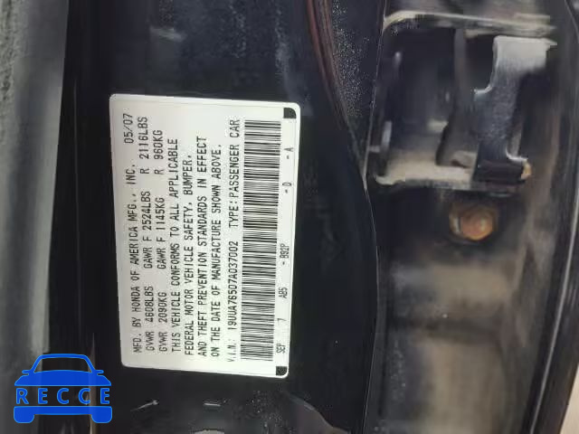 2007 ACURA TL TYPE S 19UUA76507A037002 зображення 9