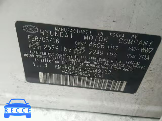 2016 HYUNDAI AZERA KMHFG4JG1GA549733 зображення 9