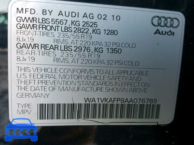 2010 AUDI Q5 PRESTIG WA1VKAFP8AA076789 Bild 9