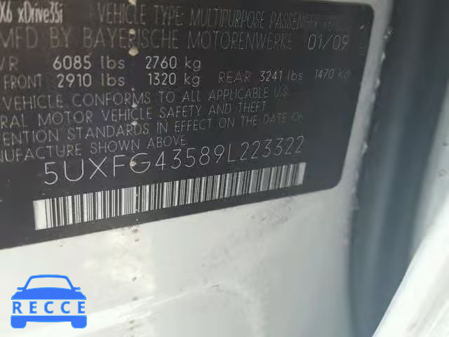2009 BMW X6 XDRIVE3 5UXFG43589L223322 image 9