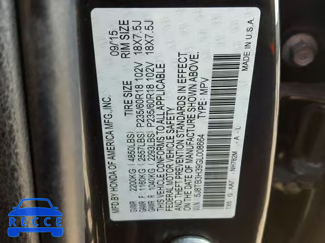 2016 ACURA RDX BASE 5J8TB3H39GL008664 image 9