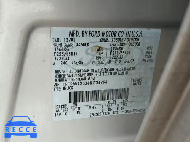 2004 FORD F150 2WD 1FTPW12534KC04894 image 9