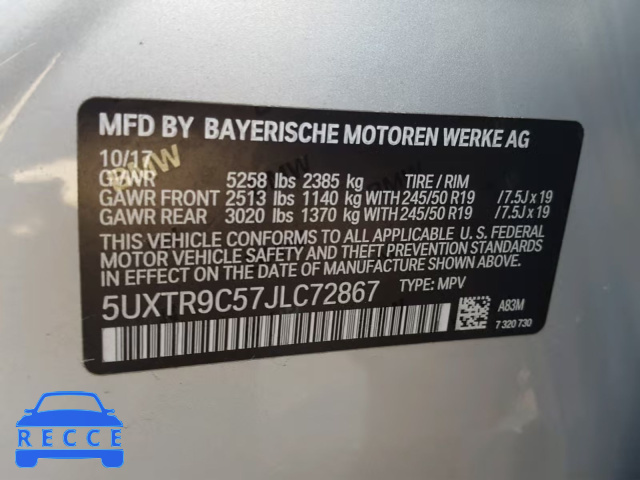 2018 BMW X3 XDRIVEM 5UXTR9C57JLC72867 зображення 9