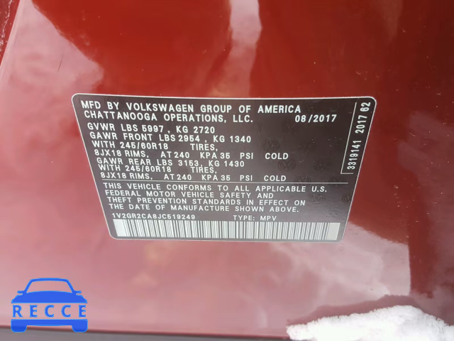 2018 VOLKSWAGEN ATLAS 1V2GR2CA8JC519249 зображення 9