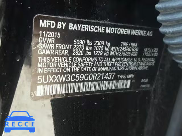 2016 BMW X4 XDRIVE2 5UXXW3C59G0R21437 зображення 9