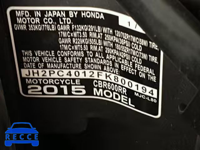 2015 HONDA CBR600 RR JH2PC4012FK800194 зображення 9