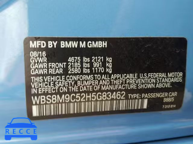 2017 BMW M3 WBS8M9C52H5G83462 зображення 9