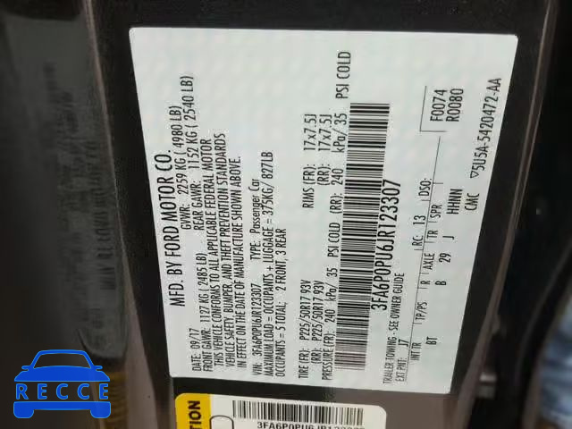 2018 FORD FUSION SE 3FA6P0PU6JR123307 image 9