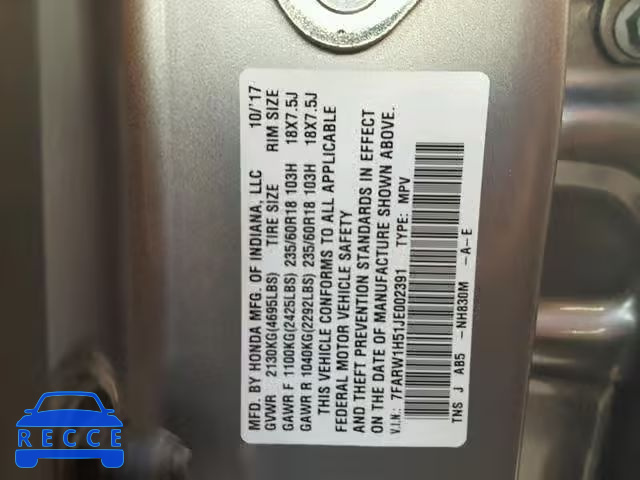 2018 HONDA CR-V EX 7FARW1H51JE002391 image 9