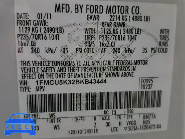2011 FORD ESCAPE HYB 1FMCU5K32BKB43444 image 9