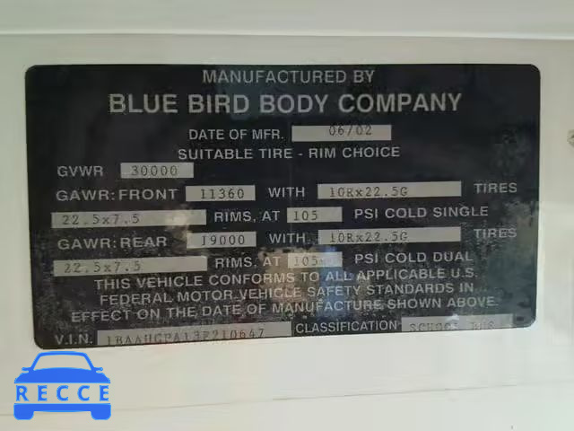 2003 BLUE BIRD SCHOOL BUS 1BAAHCPA63F210126 зображення 9