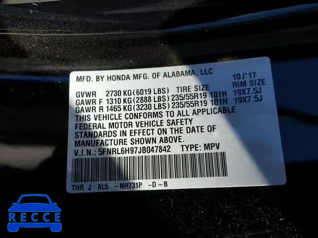 2018 HONDA ODYSSEY EL 5FNRL6H97JB047842 Bild 9