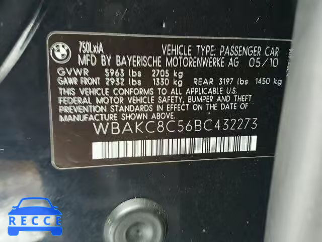 2011 BMW 750 LI WBAKC8C56BC432273 зображення 9