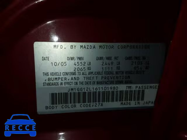 2006 MAZDA SPEED 6 JM1GG12L161101980 зображення 9