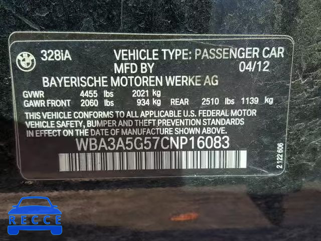 2012 BMW 328 I WBA3A5G57CNP16083 зображення 9