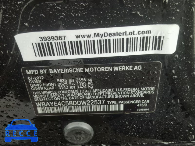 2013 BMW 740 LI WBAYE4C58DDW22537 image 9