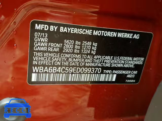 2014 BMW 650 XI WBA6B4C59ED099370 зображення 9