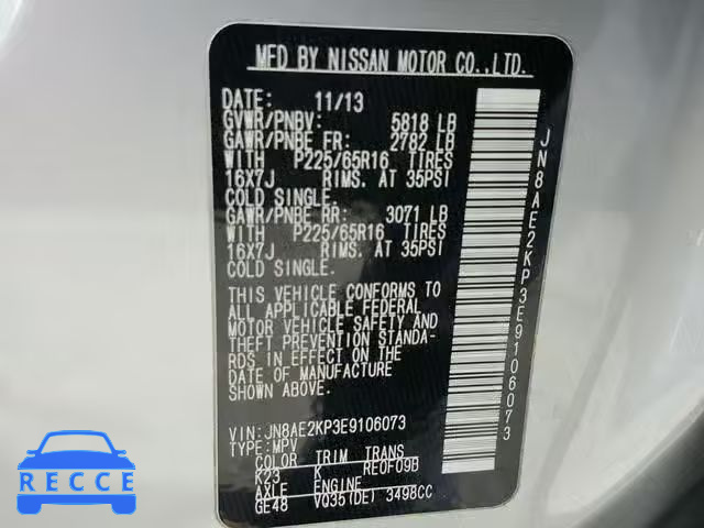 2014 NISSAN QUEST S JN8AE2KP3E9106073 Bild 9