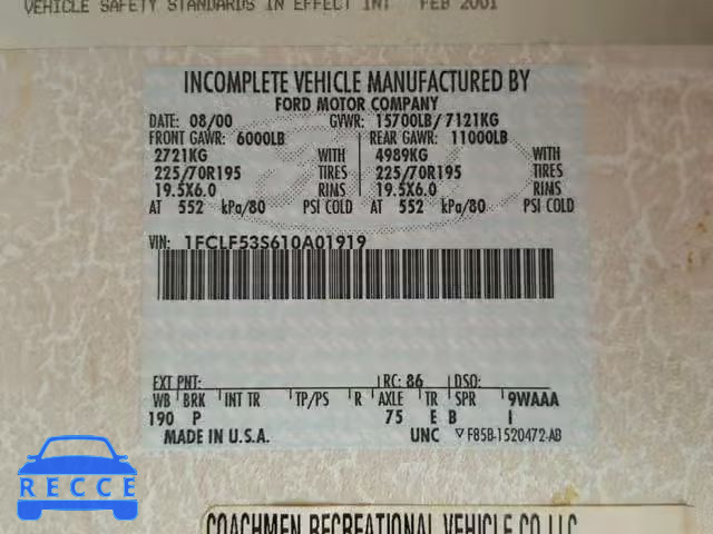 2001 FORD F550 SUPER 1FCLF53S610A01919 image 9