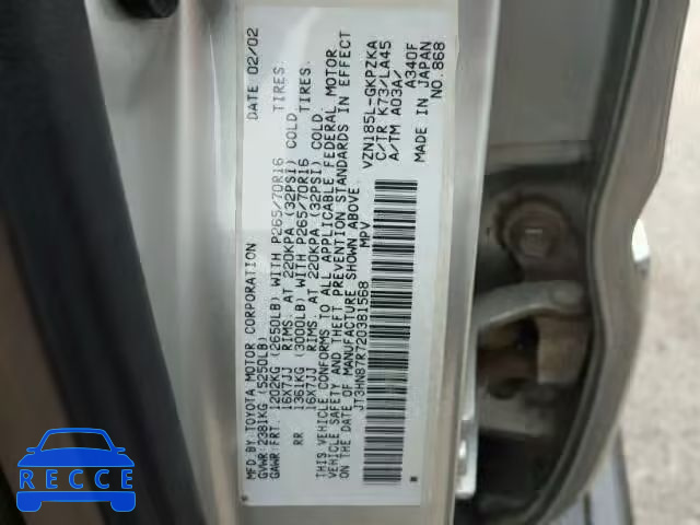 2002 TOYOTA 4RUNNER LI JT3HN87R720381568 image 9