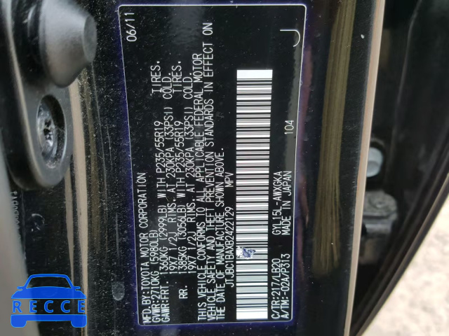 2011 LEXUS RX 450 JTJBC1BAXB2422129 зображення 9