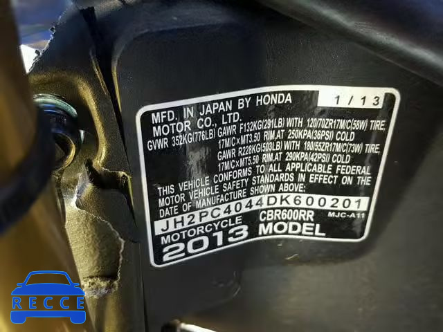 2013 HONDA CBR600 RR JH2PC4044DK600201 image 9