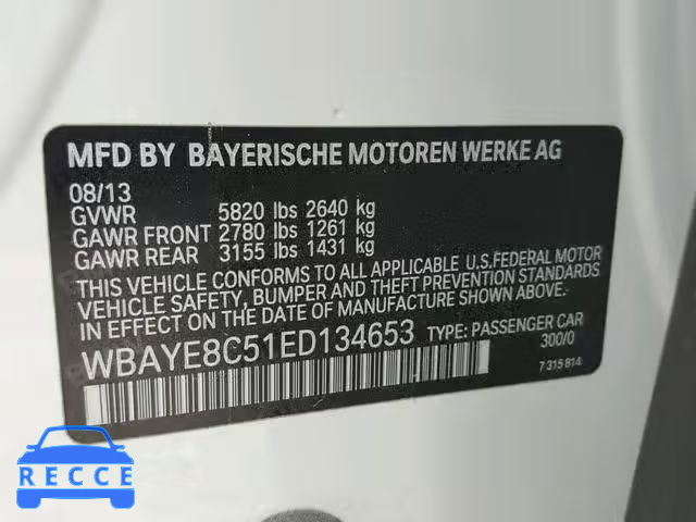 2014 BMW 750 LI WBAYE8C51ED134653 зображення 9