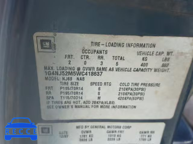 1998 BUICK SKYLARK CU 1G4NJ52M5WC418637 image 9