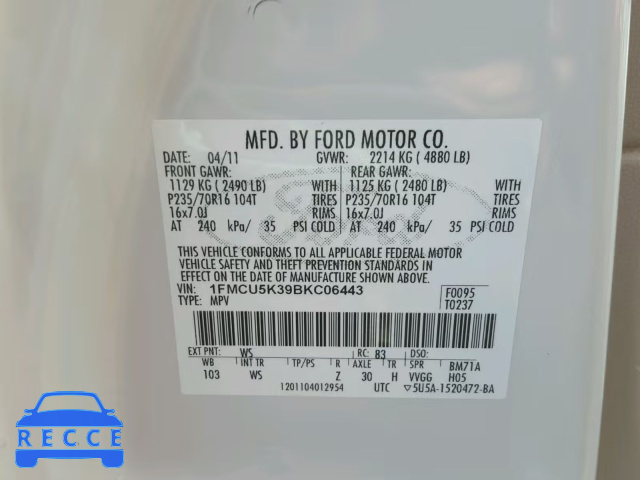 2011 FORD ESCAPE HYB 1FMCU5K39BKC06443 image 9