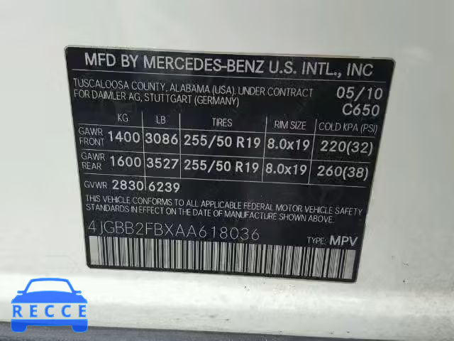 2010 MERCEDES-BENZ ML 350 BLU 4JGBB2FBXAA618036 зображення 9
