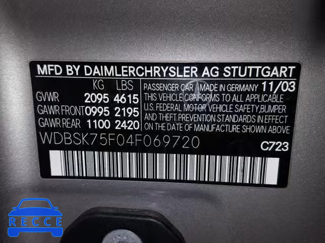 2004 MERCEDES-BENZ SL 500 WDBSK75F04F069720 image 9
