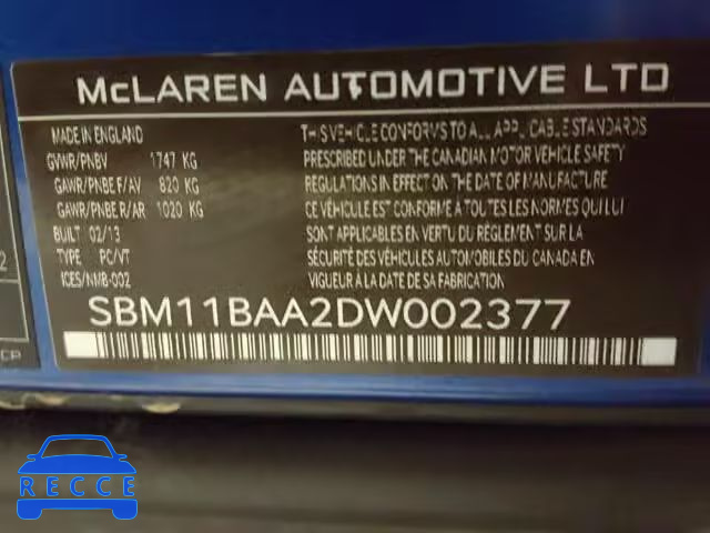 2013 MCLAREN AUTOMATICOTIVE MP4-12C SP SBM11BAA2DW002377 Bild 9