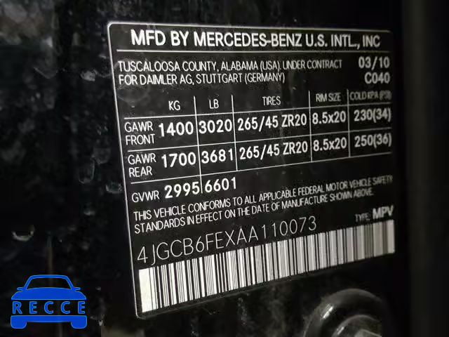 2010 MERCEDES-BENZ R 350 4MAT 4JGCB6FEXAA110073 зображення 9