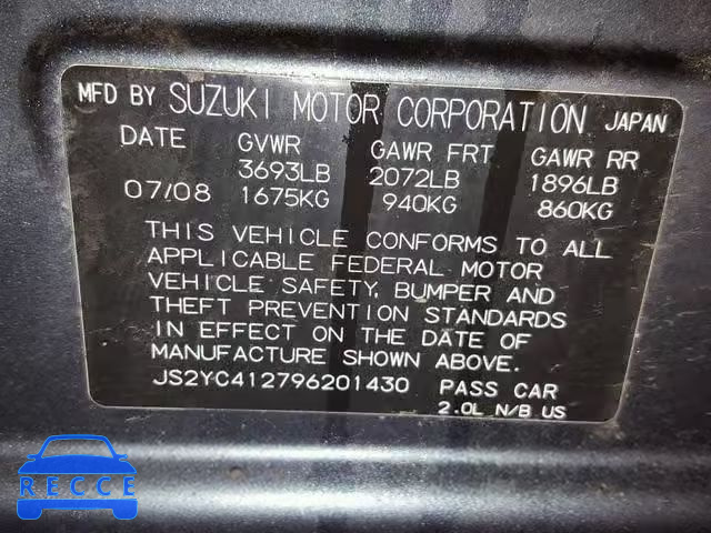 2009 SUZUKI SX4 BASE JS2YC412796201430 image 9