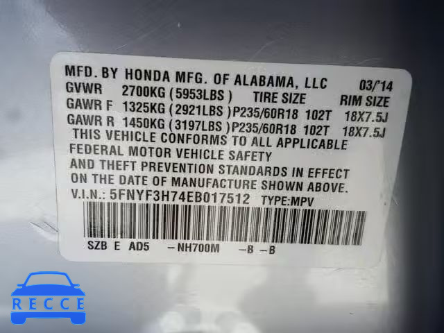 2014 HONDA PILOT EXLN 5FNYF3H74EB017512 image 9