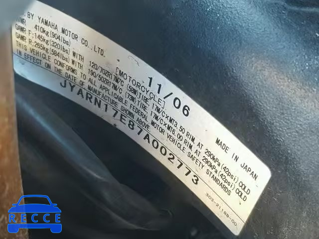 2007 YAMAHA FZ1 S JYARN17E87A002773 зображення 9