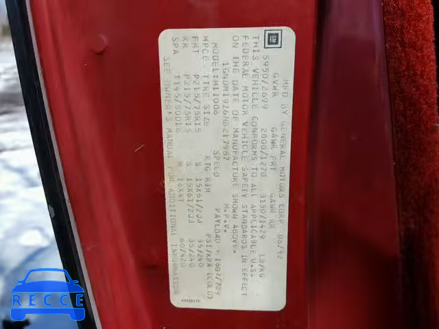 1992 CHEVROLET ASTRO 1GNDM19Z6NB217987 image 9