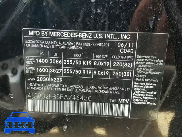 2011 MERCEDES-BENZ ML 350 BLU 4JGBB2FB5BA746430 image 9