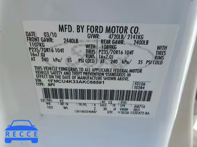 2010 FORD ESCAPE HYB 1FMCU4K33AKC68591 image 9