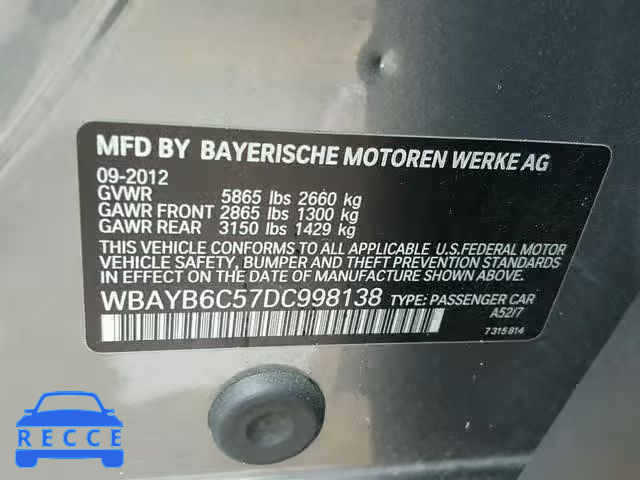 2013 BMW 750I XDRIV WBAYB6C57DC998138 зображення 9