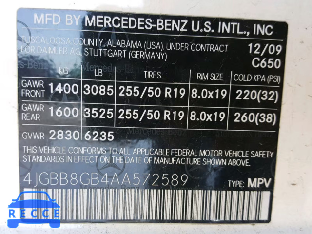 2010 MERCEDES-BENZ ML 350 4MA 4JGBB8GB4AA572589 Bild 9