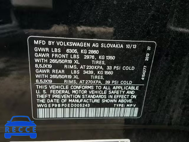 2014 VOLKSWAGEN TOUAREG V6 WVGEP9BP0ED005243 image 9