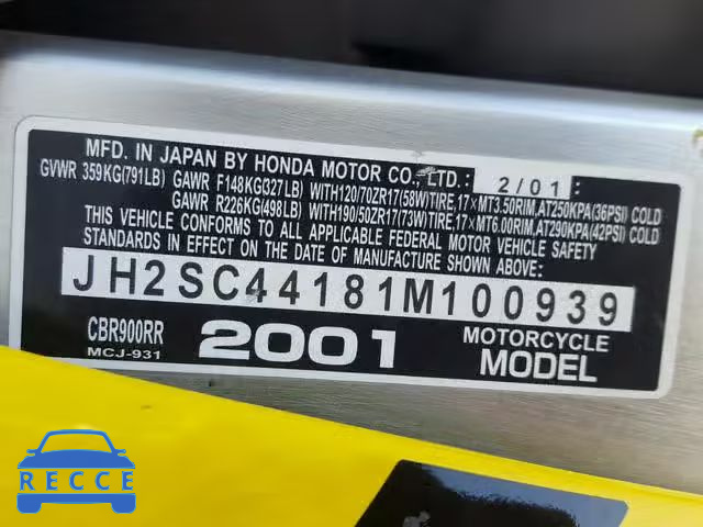 2001 HONDA CBR900 RR JH2SC44181M100939 image 9