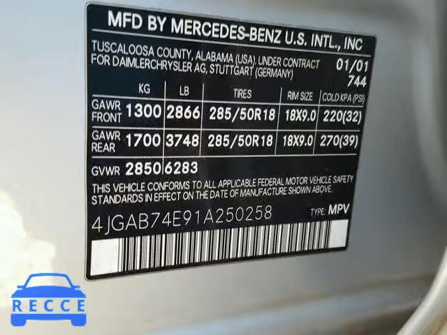 2001 MERCEDES-BENZ ML 55 4JGAB74E91A250258 зображення 9